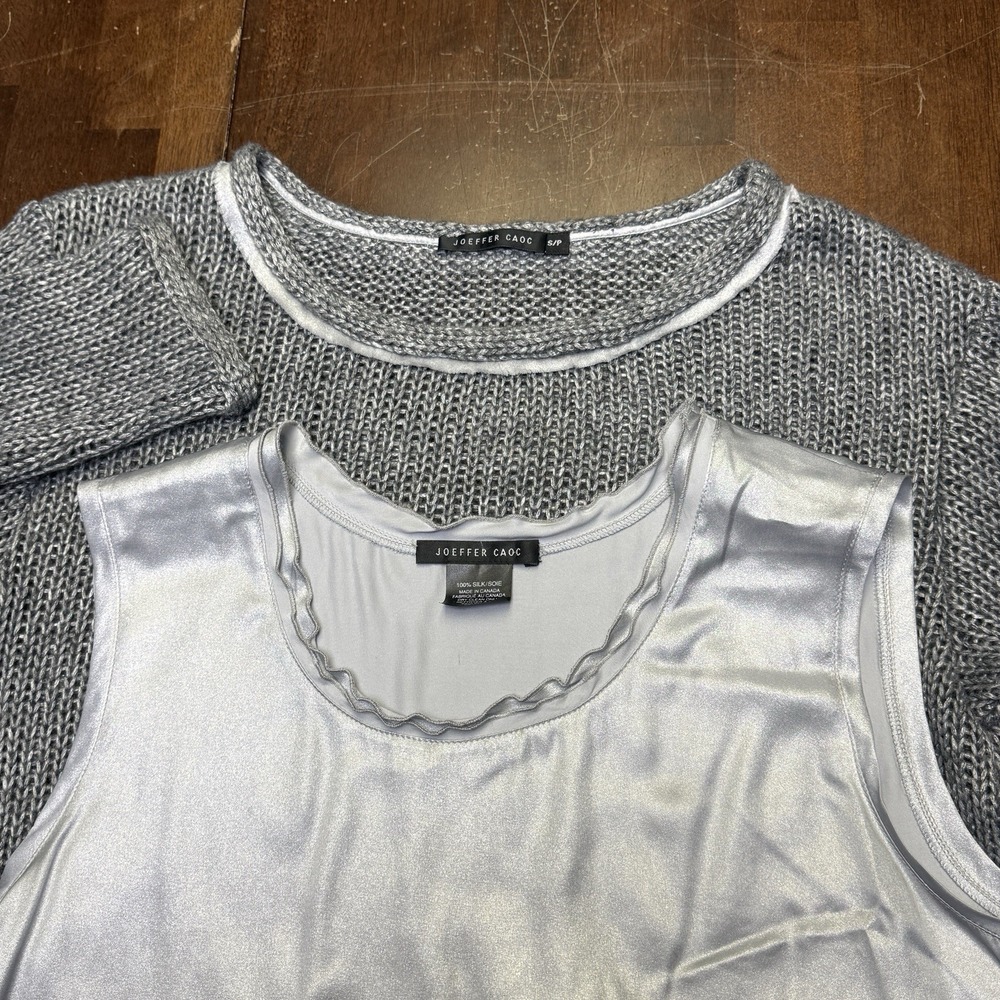 JOEFFER CAOC S Set Womens Alpaca Cable Knit Net Sweater & Silk Blouse Undershirt